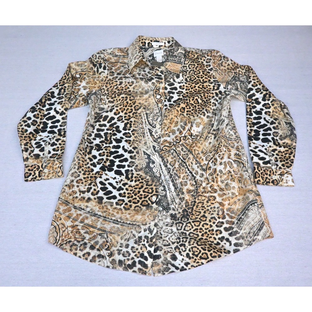 Chicos Womens 1 M 100% Cotton Button Shirt Cream Leopard Paisley Patchwork NWT